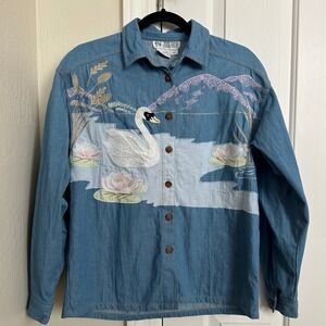 Vintage Together! Denim Button Down‎ Swan Embroidered Art to Wear Shirt Medium